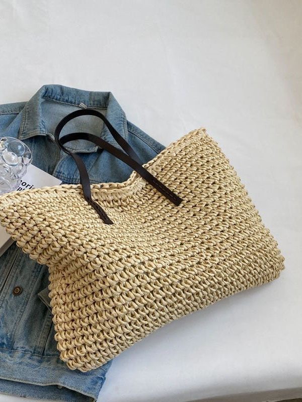 DIY Beige Zip Up Patchwork Straw Woven Satchel Bag Handbag