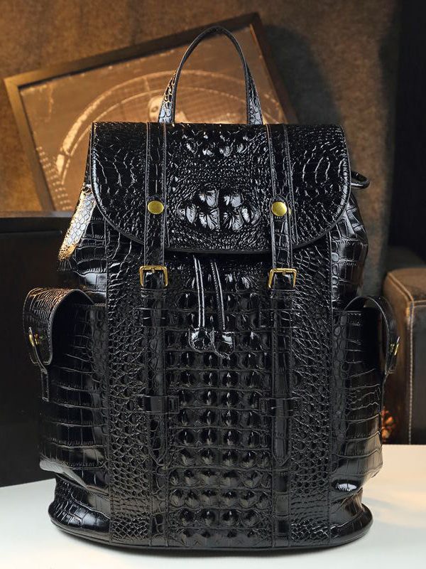 DIY Black Alligator Pattern Large Capacity Faux Leather Backpack Bag