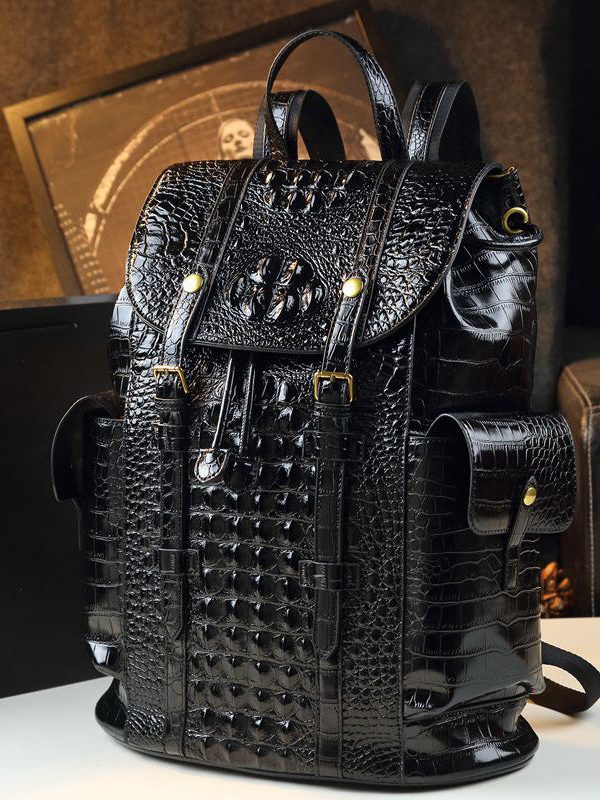 DIY Black Alligator Pattern Large Capacity Faux Leather Backpack Bag