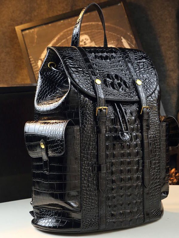 DIY Black Alligator Pattern Large Capacity Faux Leather Backpack Bag
