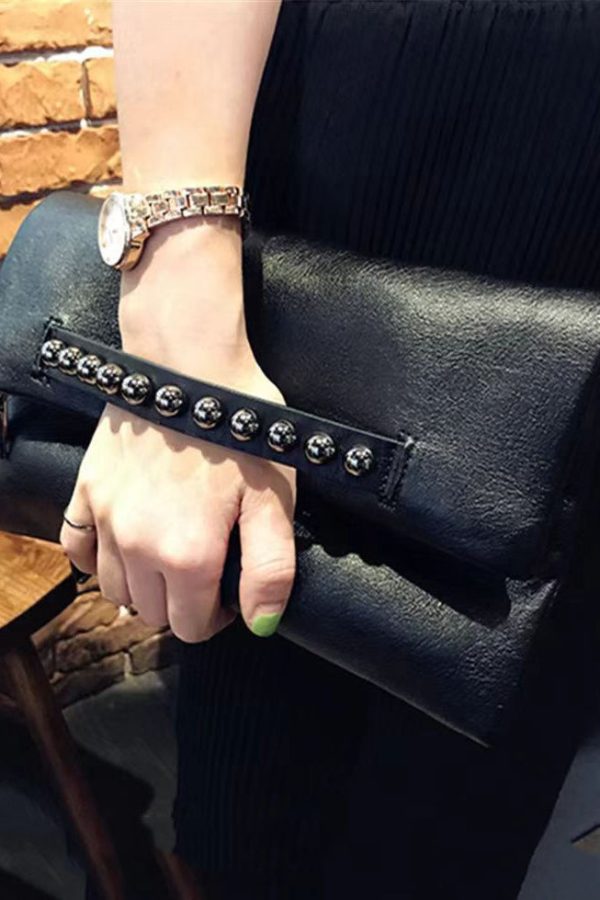 DIY Black Rivet Chain LinkedFaux Leather Satchel Handbag