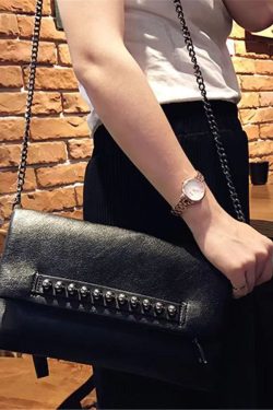 DIY Black Rivet Chain LinkedFaux Leather Satchel Handbag