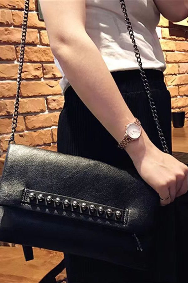 DIY Black Rivet Chain LinkedFaux Leather Satchel Handbag