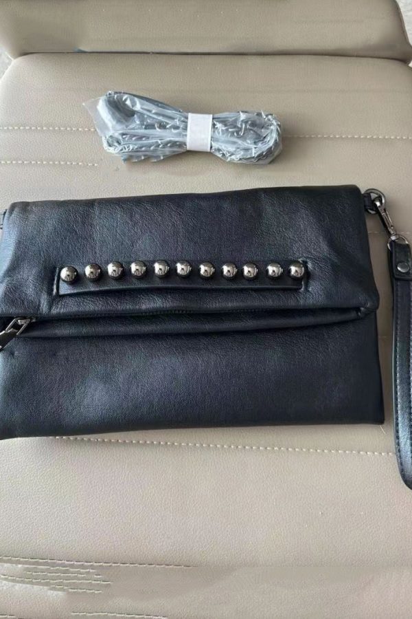 DIY Black Rivet Chain LinkedFaux Leather Satchel Handbag