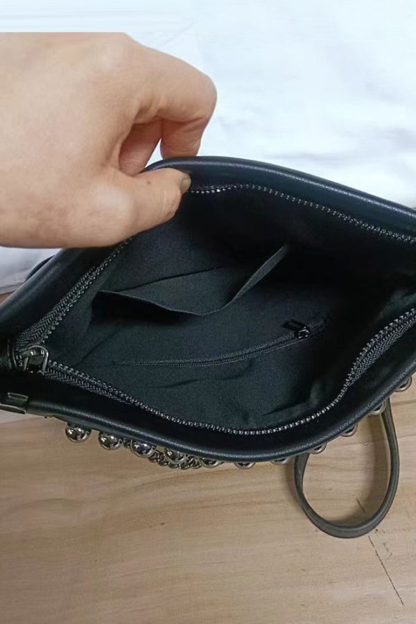 DIY Black Rivet Chain LinkedFaux Leather Satchel Handbag