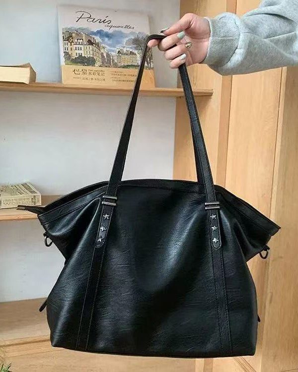 DIY Black Star Large Capacity Faux Leather Women Handbag