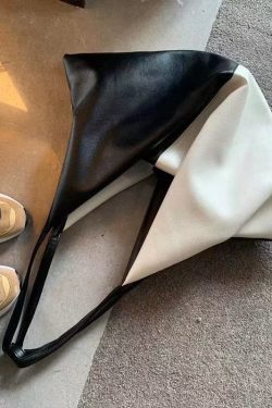 DIY Black White Patchwork Asymmetrical Design Faux Leather Shoulder Handbag