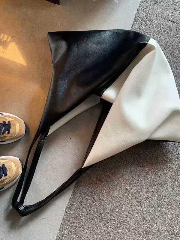 DIY Black White Patchwork Asymmetrical Design Faux Leather Shoulder Handbag