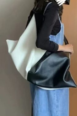 DIY Black White Patchwork Asymmetrical Design Faux Leather Shoulder Handbag