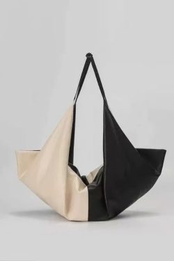 DIY Black White Patchwork Asymmetrical Design Faux Leather Shoulder Handbag