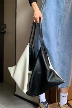 DIY Black White Patchwork Asymmetrical Design Faux Leather Shoulder Handbag