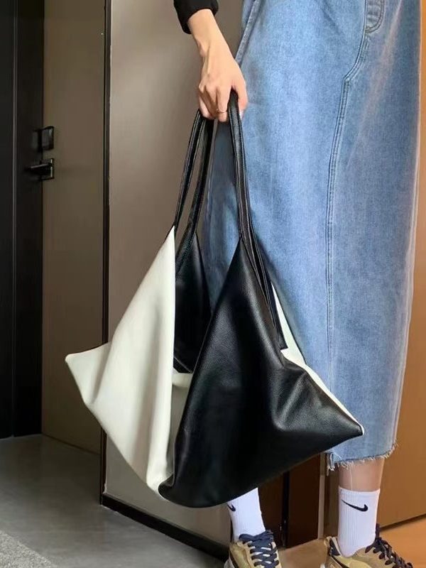 DIY Black White Patchwork Asymmetrical Design Faux Leather Shoulder Handbag