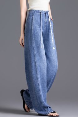 DIY Blue High Waist Drawstring Denim Pants Spring