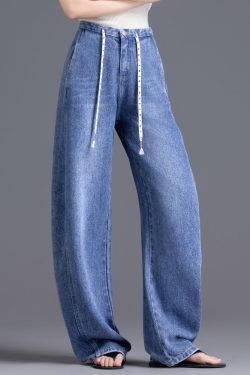 DIY Blue High Waist Drawstring Denim Pants Spring