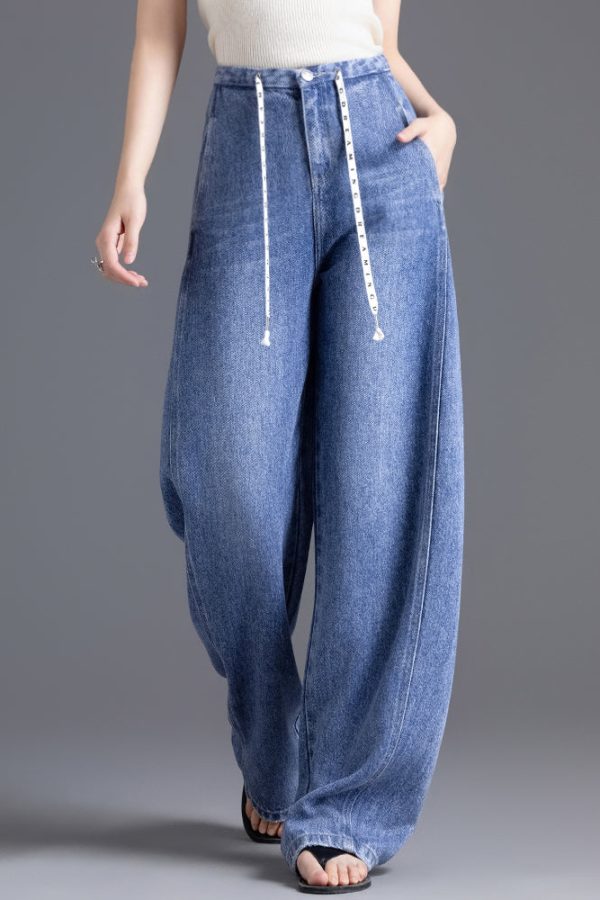 DIY Blue High Waist Drawstring Denim Pants Spring