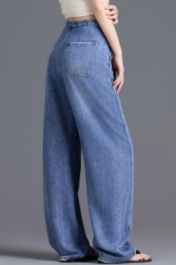 DIY Blue High Waist Drawstring Denim Pants Spring
