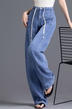 DIY Blue High Waist Drawstring Denim Pants Spring