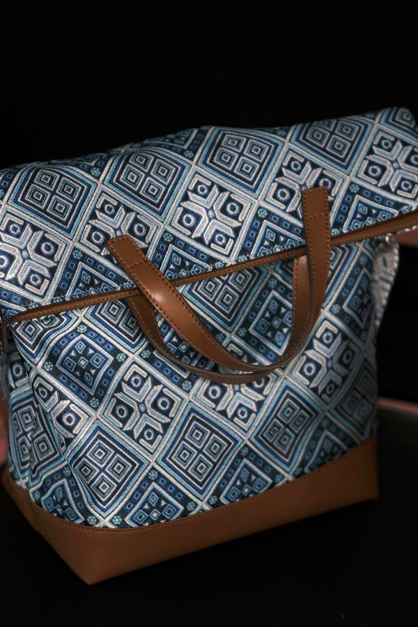 DIY Blue Jacquard Patchwork Large Capacity Faux Leather Tote Handbag