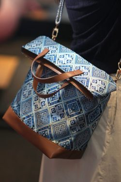 DIY Blue Jacquard Patchwork Large Capacity Faux Leather Tote Handbag