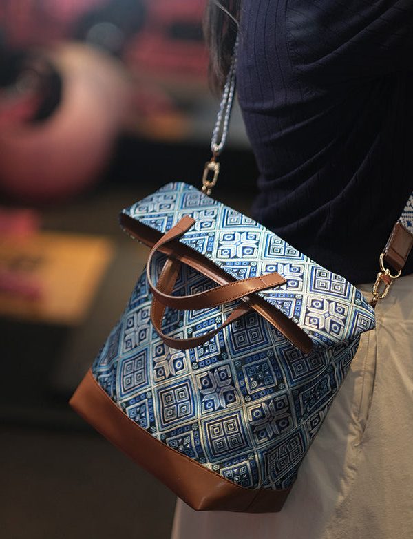 DIY Blue Jacquard Patchwork Large Capacity Faux Leather Tote Handbag