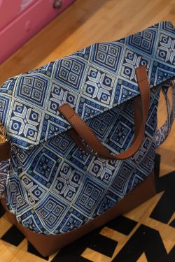 DIY Blue Jacquard Patchwork Large Capacity Faux Leather Tote Handbag