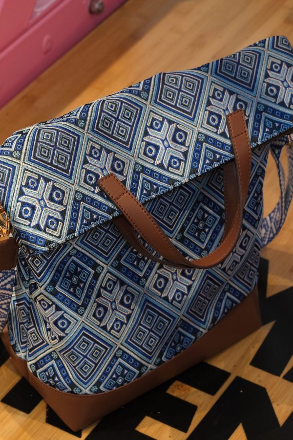 DIY Blue Jacquard Patchwork Large Capacity Faux Leather Tote Handbag