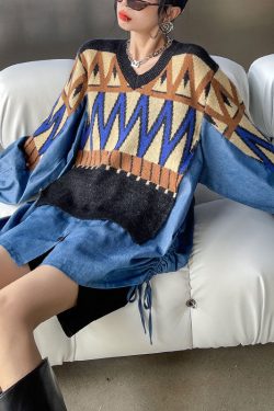 diy Blue Knit Patchwork Denim drawstring Fall sweaters