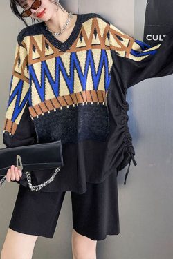 diy Blue Knit Patchwork Denim drawstring Fall sweaters