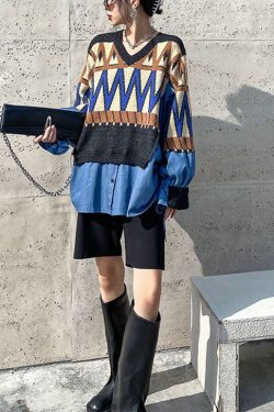 diy Blue Knit Patchwork Denim drawstring Fall sweaters