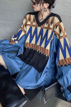 diy Blue Knit Patchwork Denim drawstring Fall sweaters