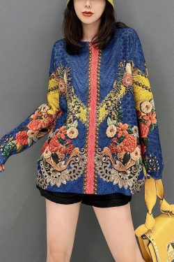 Diy Blue O-Neck Print Knit Sweater Tops Winter