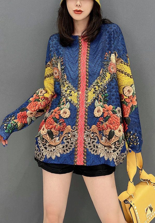 Diy Blue O-Neck Print Knit Sweater Tops Winter