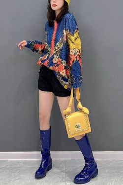 Diy Blue O-Neck Print Knit Sweater Tops Winter