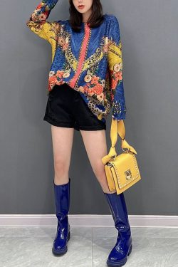 Diy Blue O-Neck Print Knit Sweater Tops Winter