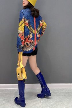 Diy Blue O-Neck Print Knit Sweater Tops Winter