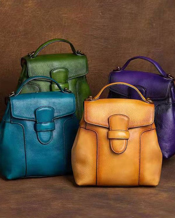 DIY Blue Oriental Paintings Calf Leather Backpack Bag