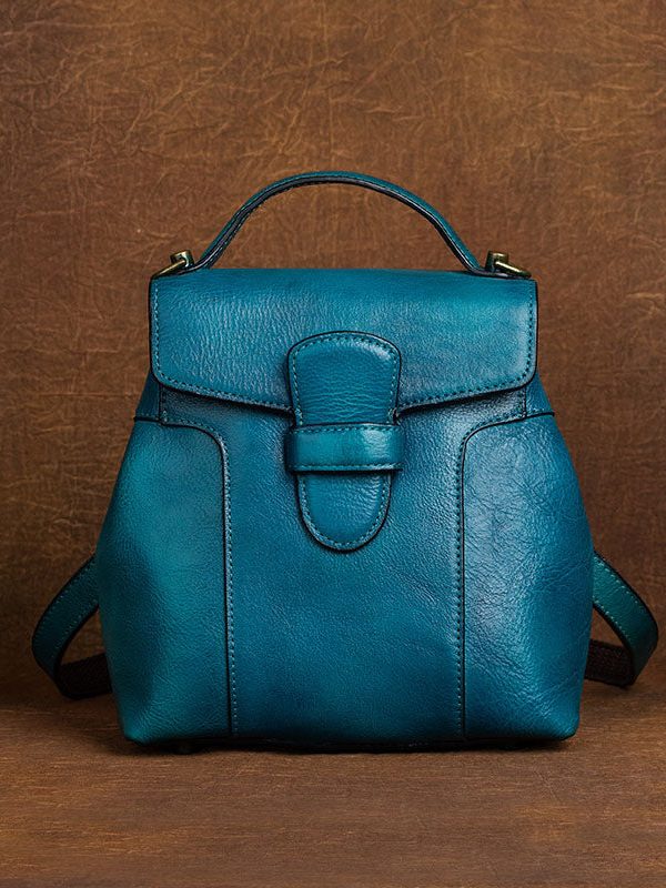 DIY Blue Oriental Paintings Calf Leather Backpack Bag