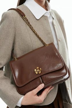 DIY Brown Floral Chain Linked Patchwork Faux Leather Satchel Handbag