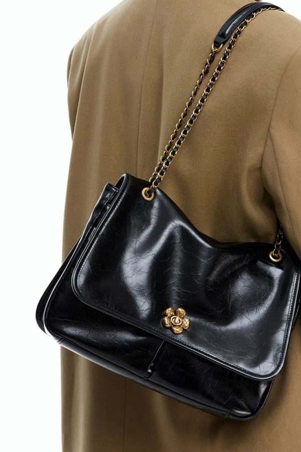 DIY Brown Floral Chain Linked Patchwork Faux Leather Satchel Handbag