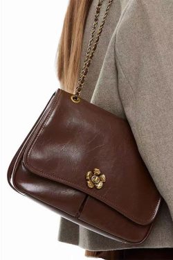 DIY Brown Floral Chain Linked Patchwork Faux Leather Satchel Handbag