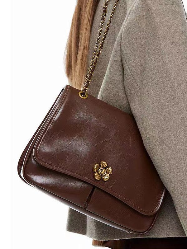 DIY Brown Floral Chain Linked Patchwork Faux Leather Satchel Handbag