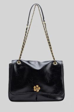 DIY Brown Floral Chain Linked Patchwork Faux Leather Satchel Handbag