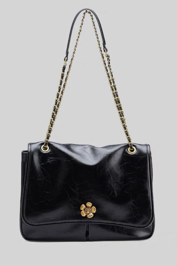 DIY Brown Floral Chain Linked Patchwork Faux Leather Satchel Handbag