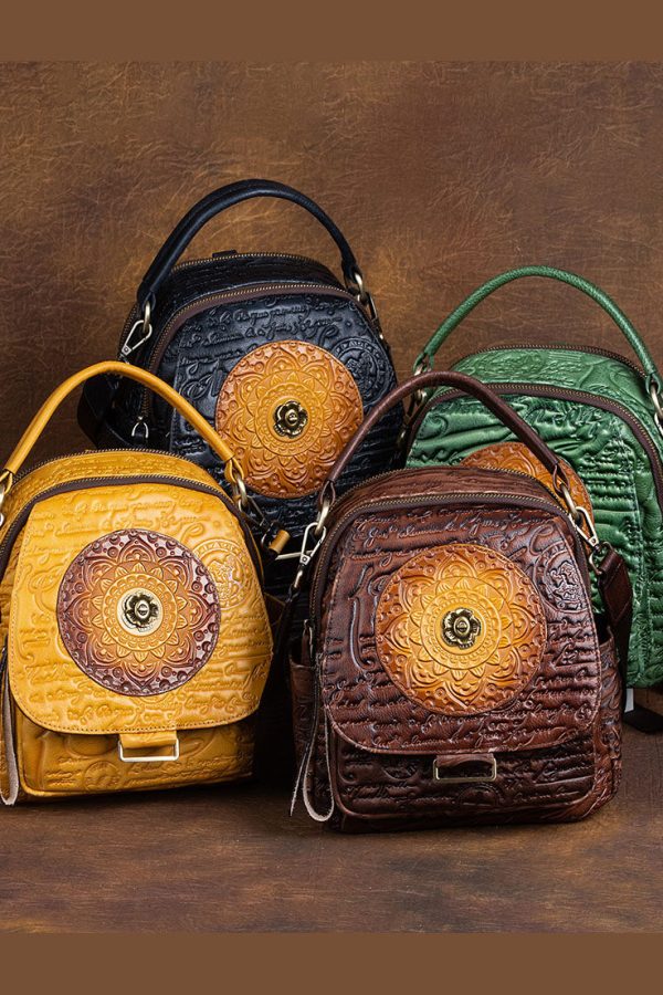 DIY Brown Geometric pattern Paitings Calf Leather Backpack Bag