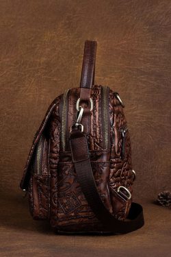 DIY Brown Geometric pattern Paitings Calf Leather Backpack Bag