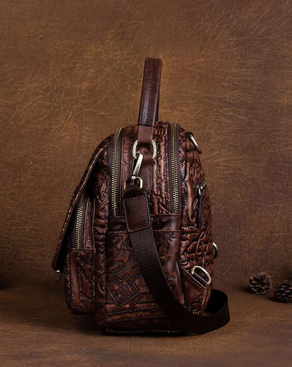 DIY Brown Geometric pattern Paitings Calf Leather Backpack Bag