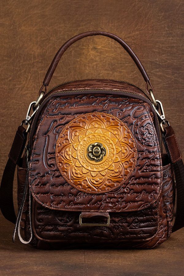 DIY Brown Geometric pattern Paitings Calf Leather Backpack Bag