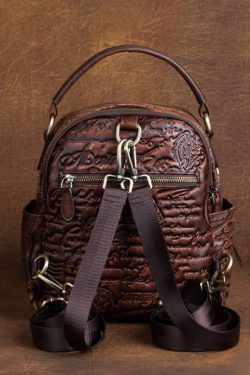 DIY Brown Geometric pattern Paitings Calf Leather Backpack Bag