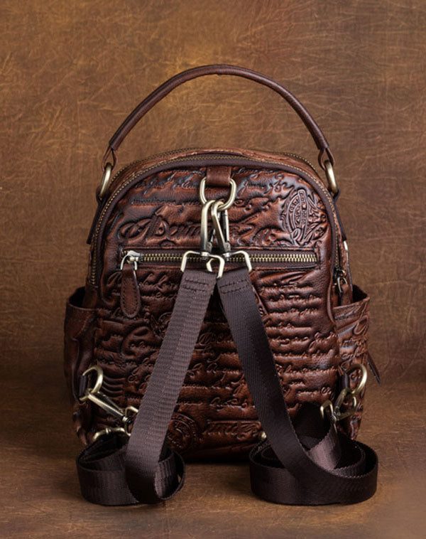 DIY Brown Geometric pattern Paitings Calf Leather Backpack Bag