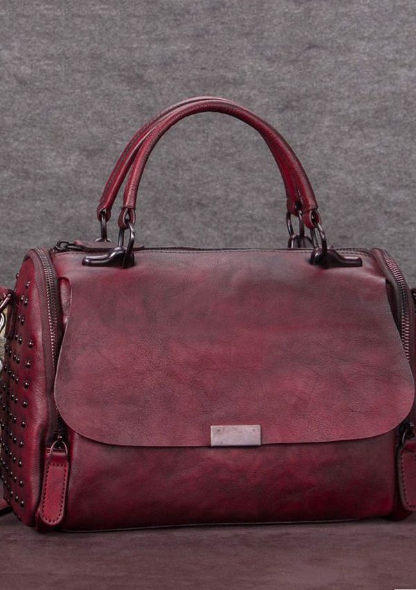 DIY Brown High-capacity Rivet Calf Leather Tote Handbag